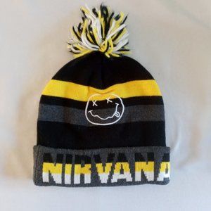 Nirvana Smiley Face Toque Hat One Size Black Yellow Grey White